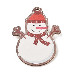 Christmas Theme Wood Printed Brooches for Women, Iron Pins, Snowman, 55x43mm, hole: 2mm(JEWB-Z029-01C)