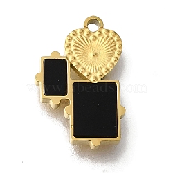 Ion Plating(IP) 304 Stainless Steel Manual Polishing Charms, with Black Acrylic, Heart & Rectangle, Golden, 15x10x2mm, Hole: 1.2mm(STAS-M059-05G-01)