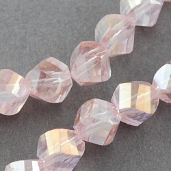 Electroplate Glass Beads Strands, AB Color Plated, Faceted, Twist, Pearl Pink, 4x4x4mm, Hole: 1mm(EGLA-R031-4mm-01)