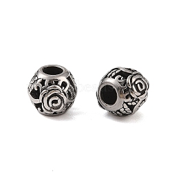 304 Stainless Steel European Beads, Large Hole Beads, Round with Flower, Antique Silver, 9x11x10mm, Hole: 4mm(STAS-N106-02AS)