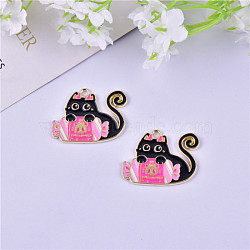 Halloween Theme Alloy Enamel Pendants, Light Gold Tone Cat Charms, Hot Pink, 30x23mm(HAWE-PW0001-075D)