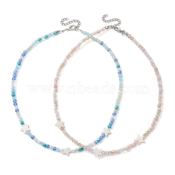 2Pcs 2 Color Glass & Natural Shell Star Beaded Necklaces Set, with Zinc Alloy Clasps, Mixed Color, 15.16 inch(38.5cm), 1Pc/color(NJEW-JN04646-02)