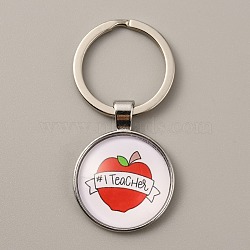 Teacher's Day Time Gem Keychain, with Alloy Findings, Half Round/Dome with Word I Theach, Apple Pattern, 6cm(KEYC-WH0029-51C-P)