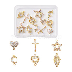 12Pcs 6 Styles Brass Micro Pave Clear Cubic Zirconia Connector Charms, Sideways Cross & Star & Hamsa Hand & Moon & Heart, Mixed Shapes, Golden, 10~17.5x7~15x1.5~2.5mm, Hole: 0.8~1.5mm, 2ps/style (KK-TA0001-14)