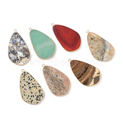 Natural Mixed Gemstone Pendants, with Golden Brass Edge, Teardrop, 45x26.5x2mm, Hole: 2mm(G-B009-08G)