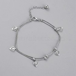 Brass Multi-Strand Anklets, with Ball Chains, Round Beads and Bell Charm, Heart, Platinum, 8-1/2 inch(21.7cm)(AJEW-B005-22P)