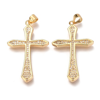 Brass Micro Pave Clear Cubic Zirconia Pendants, Cross, Real 18K Gold Plated, 36x22x3mm, Hole: 3mm