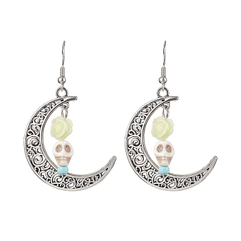 Halloween Alloy Synthetic Turquoise Dangle Earrings,  Brass Resin Earring for Women, Moon with Skull, White, 58x35mm