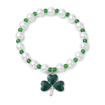 Glass Pearl Beaded Stretch Bracelets, Alloy Enamel Clover Charm Bracelets, Green, Inner Diameter: 2-3/8 inch(5.95cm)