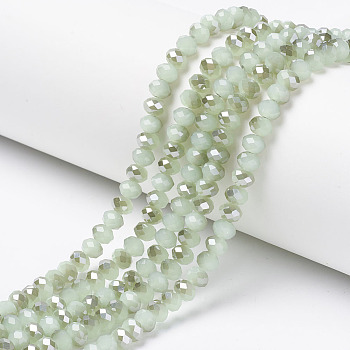 Electroplate Glass Beads Strands, Imitation Jade, Half Gray Plated, Faceted, Rondelle, Honeydew, 4x3mm, Hole: 0.4mm, about 123~127pcs/strand, 16.5~16.9 inch(42~43cm)