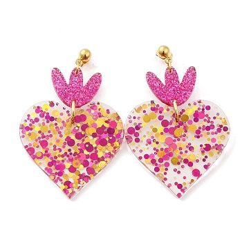 Acrylic Heart Dangle Stud Earrings, Long Drop Earrings with 304 Stainless Steel Pins, Camellia, 61x39~40mm