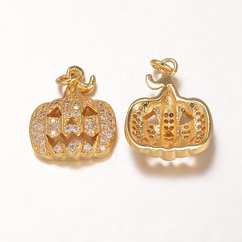 Halloween Brass Cubic Zirconia Pendants, Pumpkin, Grade AAA, Cadmium Free & Nickel Free & Lead Free, Real 18K Gold Plated, 16x13x4mm, Hole: 2mm