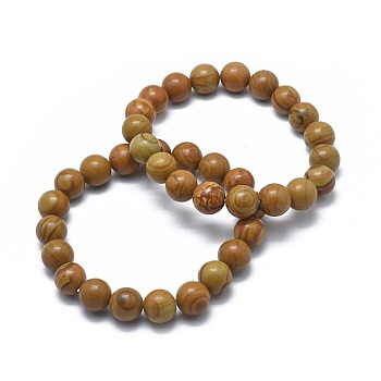Natural Wood Lace Stone Bead Stretch Bracelets, Round, 2 inch~2-3/8 inch(5~6cm), Bead: 5.8~6.8mm