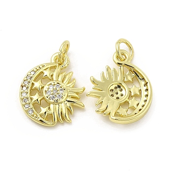 Brass Micro Pave Cubic Zirconia Pendants, with Jump Ring, Moon & Sun & Star Charm, Golden, 16x13x2.5mm, Hole: 2.5mm