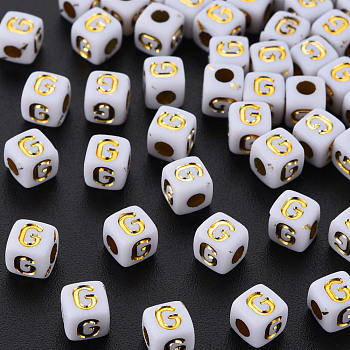 Opaque White Acrylic Beads, Metal Enlaced, Cube with Letters, Letter.G, 4.5mm, Hole: 2mm, about 5000pcs/500g