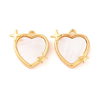 Brass Pave Natural Freshwater Shell Heart with Star Charms, Real 18K Gold Plated, 14x14x4mm, Hole: 1.2mm