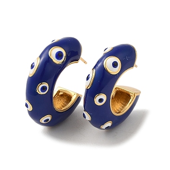 Rack Plated Brass Stud Earrings, Enamel Evil Eye Earrings for Women, Lead Free & Cadmium Free, Long-Lasting Plated, Real 18K Gold Plated, Midnight Blue, 26.5x7.5mm