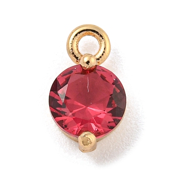 Flat Round Brass Micro Pave Cubic Zirconia Charms, Light Gold, Cerise, 8.5x5x3.5mm, Hole: 1.2mm