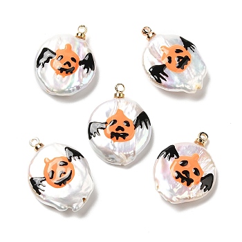 Baroque Style Natural Keshi Pearl Pendants with Enamel, Halloween Flat Round Charms with Golden Tone Brass Pendant Bails, Seashell Color, Bat, 21~23x16~17.5x4~7.5mm, Hole: 1.2mm
