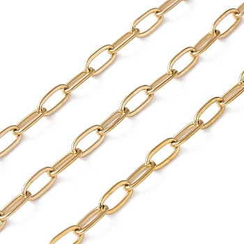 304 Stainless Steel Paperclip Chains, Soldered, with Spool, Ion Plating(IP), Real 18K Gold Plated, 6.7x3.3x0.5mm, about 32.81 Feet(10m)/Roll