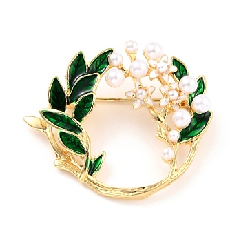 Garland Alloy Brooch with Resin Pearl, Exquisite Lapel Pin for Girl Women, Golden, Green, 34.5x40.5x6mm, Pin: 0.8mm,