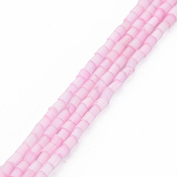 Glass Silk Stain Style Beads Strands, Tube, Pearl Pink, 1.5~5x2mm, Hole: 0.8mm, about 185~187pcs/strand, 15.55 inch~15.75 inch(39.5~40cm)