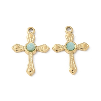 304 Stainless Steel Pendants, Cross Charms, with Amazonite, Ion Plating(IP), Real 18K Gold Plated, 18x13.5x3mm, Hole: 1.6mm