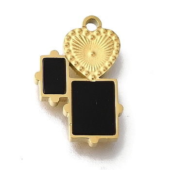 Ion Plating(IP) 304 Stainless Steel Manual Polishing Charms, with Black Acrylic, Heart & Rectangle, Golden, 15x10x2mm, Hole: 1.2mm