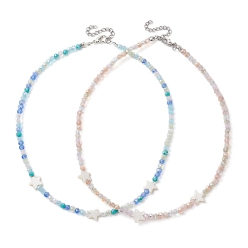 2Pcs 2 Color Glass & Natural Shell Star Beaded Necklaces Set, with Zinc Alloy Clasps, Mixed Color, 15.16 inch(38.5cm), 1Pc/color