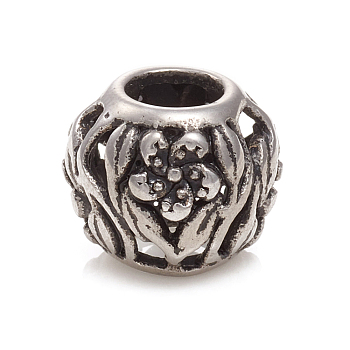 304 Stainless Steel European Beads, Large Hole Beads, Rondelle with Flower, Antique Silver, 12~13x10.5mm, Hole: 6mm