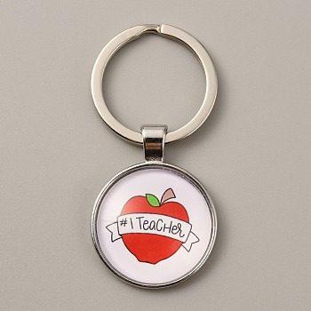 Teacher's Day Time Gem Keychain, with Alloy Findings, Half Round/Dome with Word I Theach, Apple Pattern, 6cm