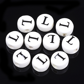 Handmade Porcelain Beads, Horizontal Hole, Flat Round with Letter, White, Letter.L, 8~8.5x4.5mm, Hole: 2mm