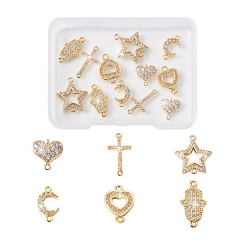 12Pcs 6 Styles Brass Micro Pave Clear Cubic Zirconia Connector Charms, Sideways Cross & Star & Hamsa Hand & Moon & Heart, Mixed Shapes, Golden, 10~17.5x7~15x1.5~2.5mm, Hole: 0.8~1.5mm, 2ps/style 