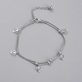 Brass Multi-Strand Anklets, with Ball Chains, Round Beads and Bell Charm, Heart, Platinum, 8-1/2 inch(21.7cm)
