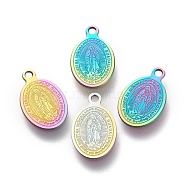 Ion Plating(IP) 304 Stainless Steel Charms, Laser Cut, Oval, Miraculous Medal, Rainbow Color, 14.5x9x0.5mm, Hole: 1.2mm(STAS-M228-F01-M)