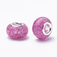 Crackle Resin European Beads, Large Hole Beads, with Silver Color Plated Brass Cores, Rondelle, Violet, 13.5~14x8.5~9mm, Hole: 5mm(RPDL-S012-B06)