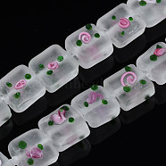 Handmade Frosted Lampwork Beads Strands, Square with Flower, Clear, 13~14.5x12~13x7~9mm, Hole: 1.5mm, about 35pcs/strand, 17.72 inch(45cm)(LAMP-N021-38F)
