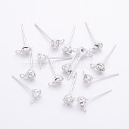 Brass Post Earring Findings, with Loop and Rhinestone, Silver Color Plated, about 4mm wide, 15mm long, hole: 0.5mm, Pin: 0.8mm(EC592-S)