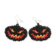 Glass Seed Braided Jack-O-Lantern Dangle Earrings, Alloy Wire Wrap Halloween Earrings for Women, Red, 51mm, Pin: 0.6mm(EJEW-B012-07)