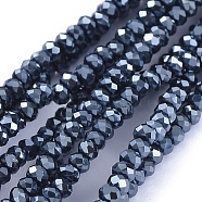 Electroplate Glass Beads Strands, Full Plated, Faceted, Rondelle, Hematite Plated, 2.5x1mm, Hole: 0.5mm, about 185~190pcs/strand, 13 inch(33cm)(GLAA-F079-EP04)