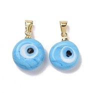 Handmade Lampwork Evil Eye Pendants, with Real 18K Gold Plated Brass Findings, Cadmium Free & Lead Free, Light Sky Blue, 15x12x5mm, Hole: 4.5x3.5mm(LAMP-P057-01G-04)