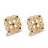Brass Stud Earring Findings, with Cubic Zirconia and Loop, Real 18K Gold Plated, Flower, Blue, 13.5x12mm, Hole: 0.8mm, Pin: 0.8mm(KK-K251-05G-02)