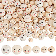 Elite 180Pcs 6 Styles Printed Wood Beads, Round with Smiling Face Pattern, Undyed, Mixed Color, 12~18x11~17mm, Hole: 2.9~5mm, 30pcs/style(WOOD-PH0002-77)