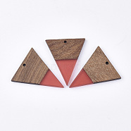 Resin & Walnut Wood Pendants, Triangle, Salmon, 37.5x31x3mm, Hole: 1.8mm(RESI-T035-06)