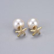 Brass Micro Pave Clear Cubic Zirconia Stud Earrings, with Acrylic Imitation Pearl, Long-Lasting Plated, Star, Real 18K Gold Plated, 11.5x12mm, Pin: 0.7mm(EJEW-K083-07G)
