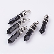 Natural Black Stone Big Pointed Pendants, with Alloy Findings, Faceted, Bullet, Platinum, 59~63x11~12mm, Hole: 4x7mm(G-G738-A-07)