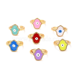 Hamsa Hand /Hand of Miriam with Evil Eye Cubic Zirconia Cuff Ring for Women, Real 18K Gold Plated Brass Enamel Open Ring, Cadmium Free & Lead Free, Mixed Color, US Size 7 3/4(17.9mm)(RJEW-C004-20-RS)