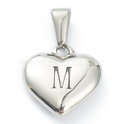 304 Stainless Steel Pendants, Heart with Black Letter, Stainless Steel Color, Letter.M, 16x16x4.5mm, Hole: 7x3mm(STAS-P278-01M-P)