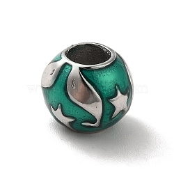 304 Stainless Steel Enamel European Beads, Large Hole Beads, Rondelle with Dolphin & Starfish Pattern, Stainless Steel Color, 10.5x9.5mm, Hole: 5mm(STAS-G308-05P)