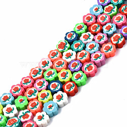 Handmade Polymer Clay Bead Strands, Flower with Rose, Mixed Color, 9x9~9.5x4~4.5mm, Hole: 1.5mm, about 40pcs/strand, 13.98 inch~14.37 inch(35.5~36.5cm)(CLAY-N008-063-B01)